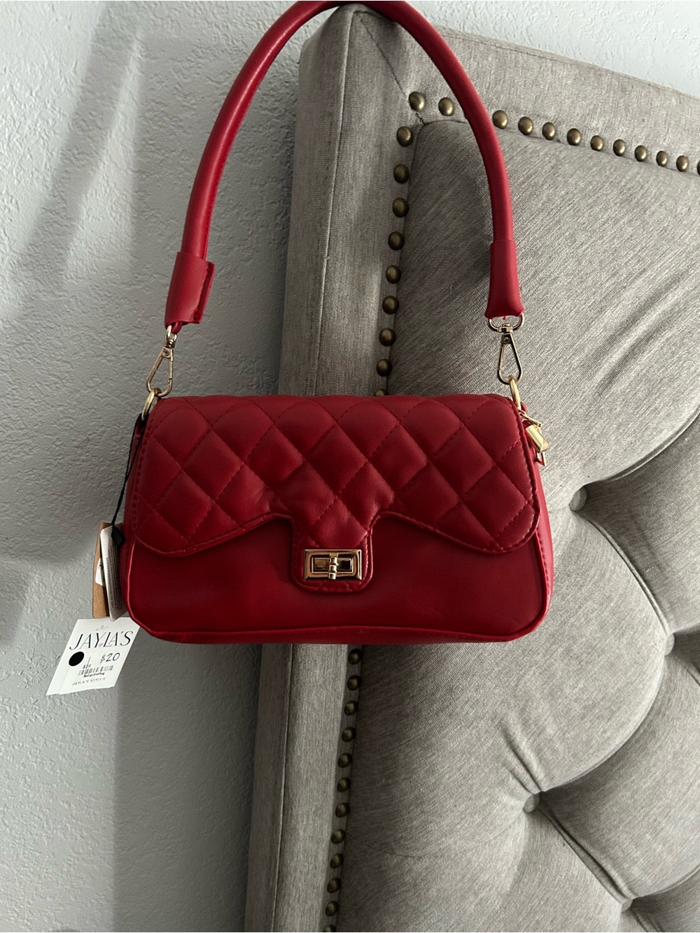 Red Quilted Shoulder Bag with Gold Hardware